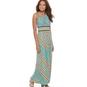 London Times Aqua Halter Maxi Dress Size 8